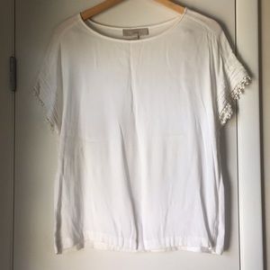 White Short Sleeve Blouse with Lacey Pom Poms